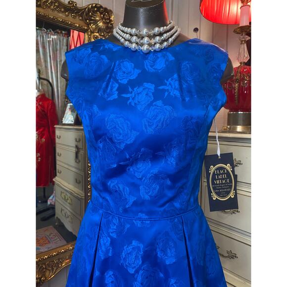 vintage 1960s blue brocade cocktail dress sleeveless flared skirt small mcm 25 - Picture 2 of 9